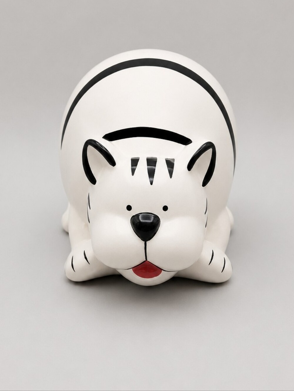 Pier 1 White & Black Striped Ceramic Fat Cat Figurine Bank